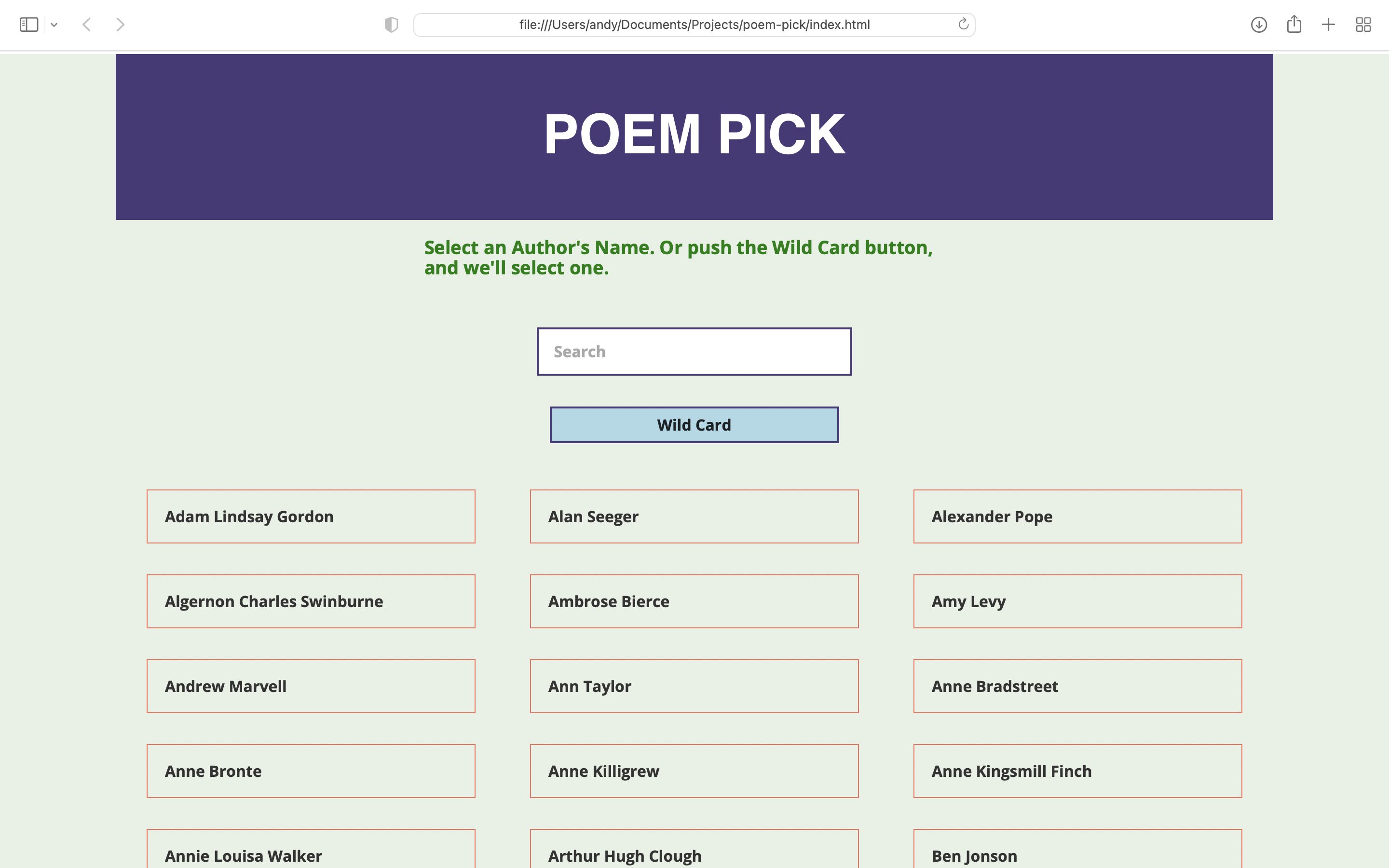 Screenshot of the poem pick app.